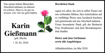 Traueranzeige von Karin Gießmann (geb. Hirche)  von Magdeburger Volksstimme