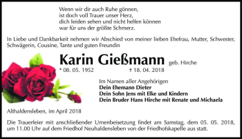 Traueranzeige von Karin Gießmann (geb. Hirche)  von Magdeburger Volksstimme