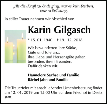Traueranzeige von Karin Gilgasch  von Magdeburger Volksstimme