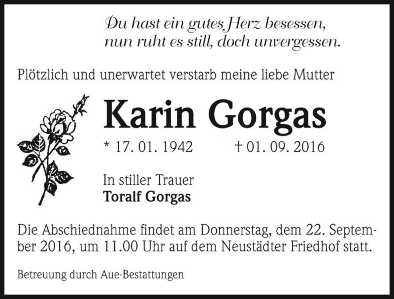  Traueranzeige für Karin Gorgas  vom 10.09.2016 aus Magdeburger Volksstimme