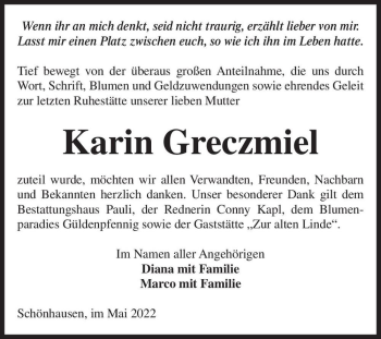 Traueranzeige von Karin Greczmiel  von Magdeburger Volksstimme