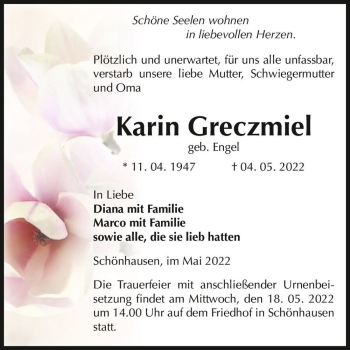 Traueranzeige von Karin Greczmiel (geb. Engel)  von Magdeburger Volksstimme