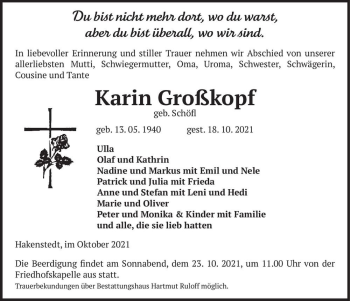 Traueranzeige von Karin Großkopf (geb. Schöfl)  von Magdeburger Volksstimme
