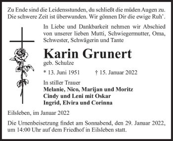 Traueranzeige von Karin Grunert (geb. Schulze)  von Magdeburger Volksstimme