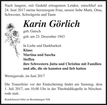 Traueranzeige von Karin Görlich (geb. Gutsch)  von Magdeburger Volksstimme