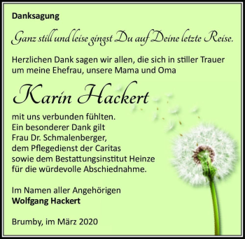 Traueranzeige von Karin Hackert  von Magdeburger Volksstimme