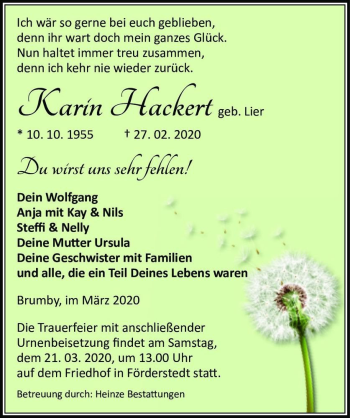 Traueranzeige von Karin Hackert (geb. Lier)  von Magdeburger Volksstimme