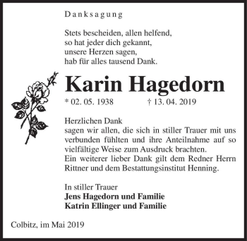 Traueranzeige von Karin Hagedorn  von Magdeburger Volksstimme