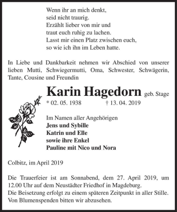 Traueranzeige von Karin Hagedorn (geb. Stage)  von Magdeburger Volksstimme