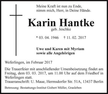 Traueranzeige von Karin Hantke (geb. Jeschke)  von Magdeburger Volksstimme