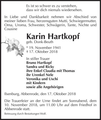 Traueranzeige von Karin Hartkopf (geb. Donk-Beuth)  von Magdeburger Volksstimme
