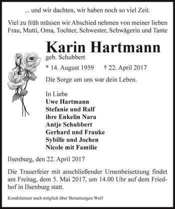 Traueranzeige von Karin Hartmann (geb. Schubbert)  von Magdeburger Volksstimme