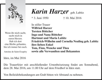 Traueranzeige von Karin Harzer (geb. Lubitz)  von Magdeburger Volksstimme