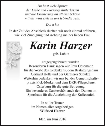 Traueranzeige von Karin Harzer (geb. Lubitz)  von Magdeburger Volksstimme