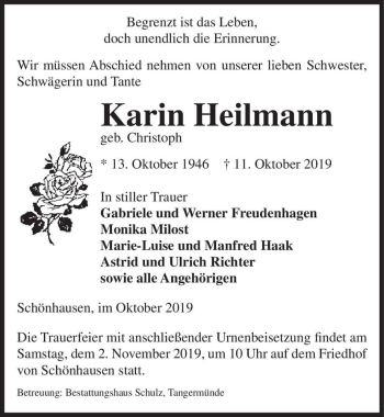 Traueranzeige von Karin Heilmann (geb. Christoph)  von Magdeburger Volksstimme