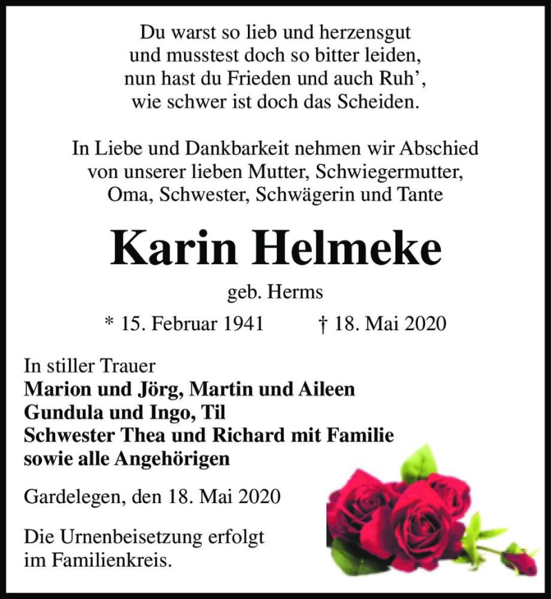  Traueranzeige für Karin Helmeke (geb. Herms)  vom 20.05.2020 aus Magdeburger Volksstimme