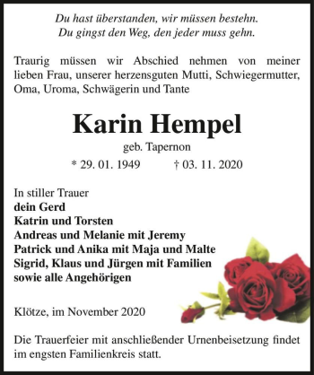 Traueranzeige von Karin Hempel (geb. Tapernon)  von Magdeburger Volksstimme