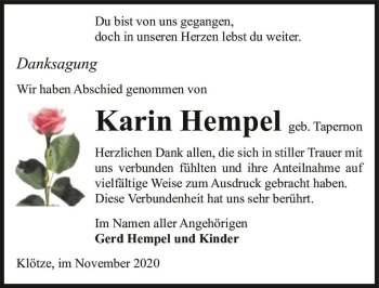 Traueranzeige von Karin Hempel (geb. Tapernon)  von Magdeburger Volksstimme