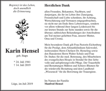 Traueranzeige von Karin Hensel (geb. Staps)  von Magdeburger Volksstimme