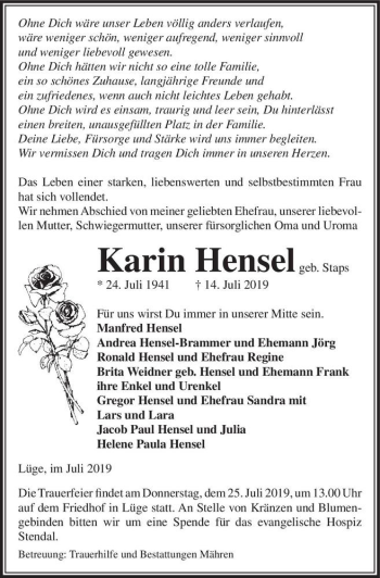 Traueranzeige von Karin Hensel (geb. Staps)  von Magdeburger Volksstimme