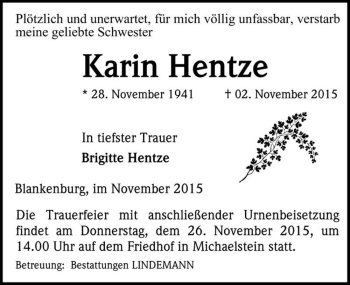 Traueranzeige von Karin Hentze  von Magdeburger Volksstimme
