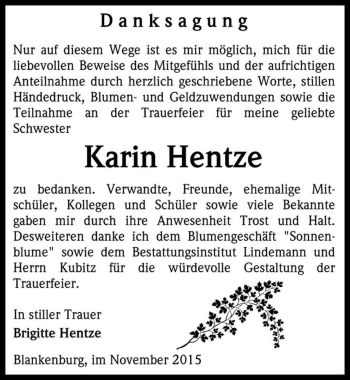 Traueranzeige von Karin Hentze  von Magdeburger Volksstimme