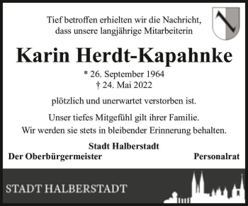 Traueranzeige von Karin Herdt-Kapahnke  von Magdeburger Volksstimme