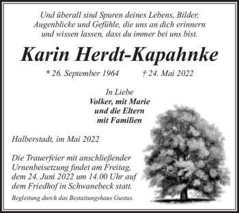 Traueranzeige von Karin Herdt-Kapahnke  von Magdeburger Volksstimme