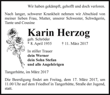 Traueranzeige von Karin Herzog (geb. Schröder)  von Magdeburger Volksstimme
