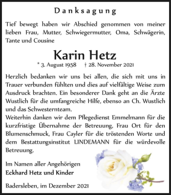 Traueranzeige von Karin Hetz  von Magdeburger Volksstimme