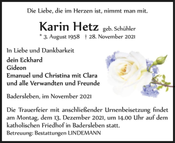 Traueranzeige von Karin Hetz (geb. Schühler)  von Magdeburger Volksstimme