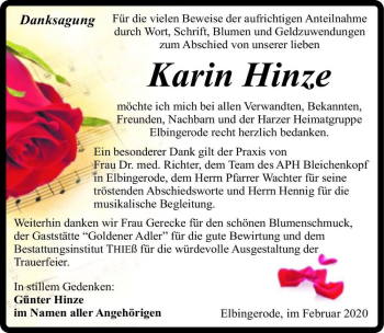 Traueranzeige von Karin Hinze  von Magdeburger Volksstimme