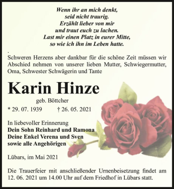 Traueranzeige von Karin Hinze (geb. Böttcher)  von Magdeburger Volksstimme