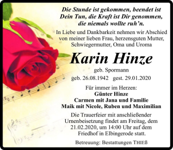 Traueranzeige von Karin Hinze (geb. Spormann)  von Magdeburger Volksstimme