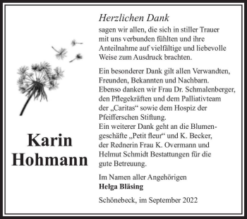 Traueranzeige von Karin Hohmann  von Magdeburger Volksstimme