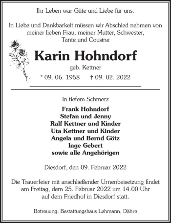 Traueranzeige von Karin Hohndorf (geb. Kettner)  von Magdeburger Volksstimme