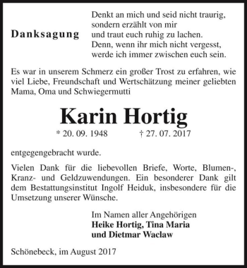Traueranzeige von Karin Hortig  von Magdeburger Volksstimme