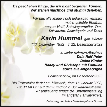 Traueranzeige von Karin Hummel (geb. Winter)  von Magdeburger Volksstimme