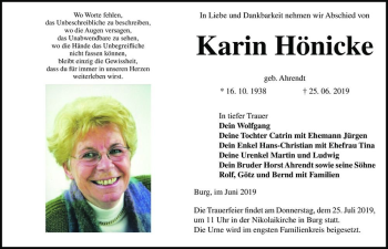 Traueranzeige von Karin Hönicke (geb. Ahrendt)  von Magdeburger Volksstimme
