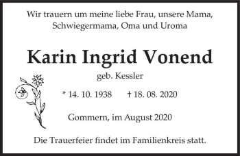 Traueranzeige von Karin Ingrid Vonend (geb. Kessler)  von Magdeburger Volksstimme
