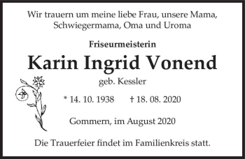 Traueranzeige von Karin Ingrid Vonend (geb. Kessler)  von Magdeburger Volksstimme