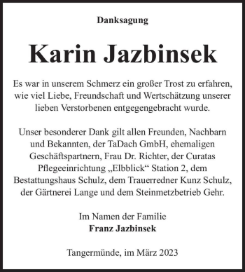 Traueranzeige von Karin Jazbinsek  von Magdeburger Volksstimme