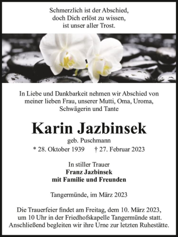 Traueranzeige von Karin Jazbinsek (geb. Puschmann)  von Magdeburger Volksstimme