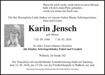 Traueranzeige von Karin Jensch (geb. Hintze)  von Magdeburger Volksstimme