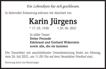 Traueranzeige von Karin Jürgens  von Magdeburger Volksstimme