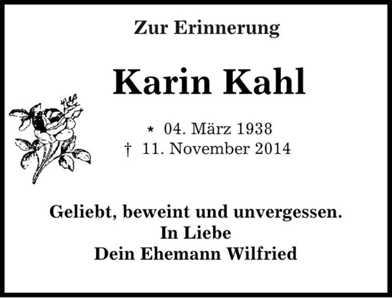  Traueranzeige für Karin Kahl  vom 11.11.2016 aus Magdeburger Volksstimme