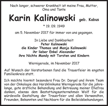 Traueranzeige von Karin Kalinowski (geb. Kabus)  von Magdeburger Volksstimme