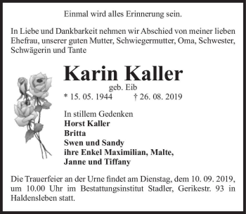 Traueranzeige von Karin Kaller (geb. Eib)  von Magdeburger Volksstimme