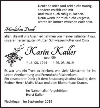 Traueranzeige von Karin Kaller (geb. Eib)  von Magdeburger Volksstimme