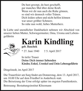 Traueranzeige von Karin Kindling (geb. Baschek)  von Magdeburger Volksstimme
